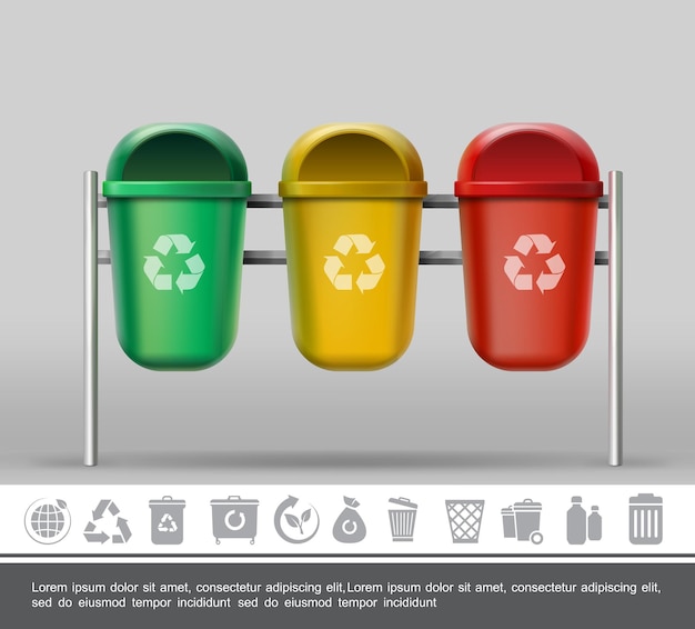 Concept de poubelle et d'ordures avec des bacs de recyclage colorés réalistes pour différents déchets et icônes d'ordures monochromes