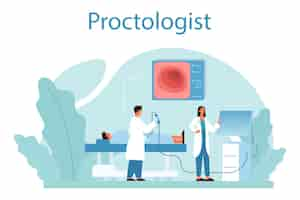 Vecteur gratuit concept de proctologue médecin examine l'intestin idée de consultation de diagnostic de santé et de traitement médical illustration vectorielle isolée en style cartoon