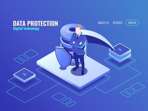 Concept de protection des données, l&#39;homme au manteau super-héros, icône isométrique de la base de données, bouclier protégé