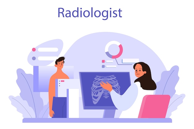 Concept De Radiologue Médecin Examinant L'image Radiographique Du Corps Humain Avec Tomodensitométrie Irm Et échographie Idée De Soins De Santé Et De Diagnostic Des Maladies Illustration Vectorielle Isolée En Style Cartoon