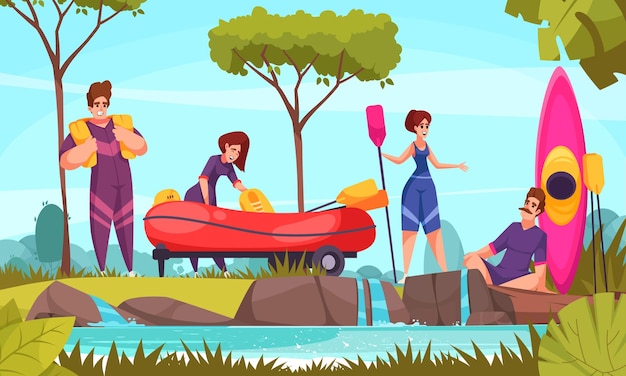 Vecteur gratuit concept de rafting en rivière avec des personnes en maillot de bain tenant une illustration vectorielle de canoë et de bateaux pneumatiques