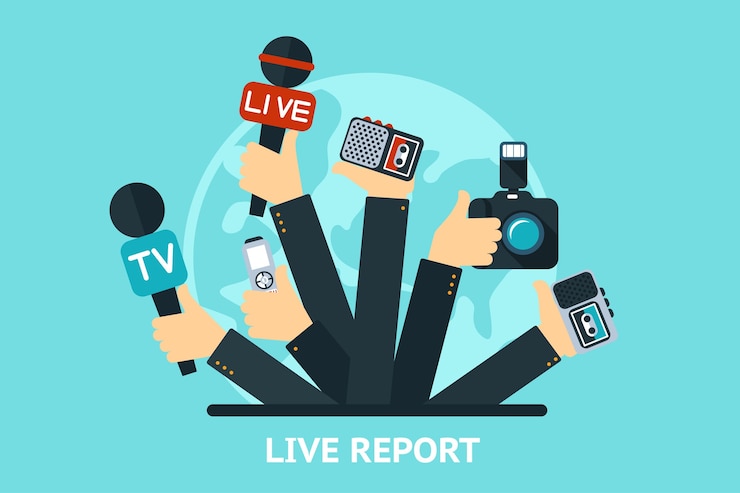 Vecteur gratuit concept de rapport en direct de vecteur, nouvelles en direct, mains de journalistes avec microphones et magnétophones