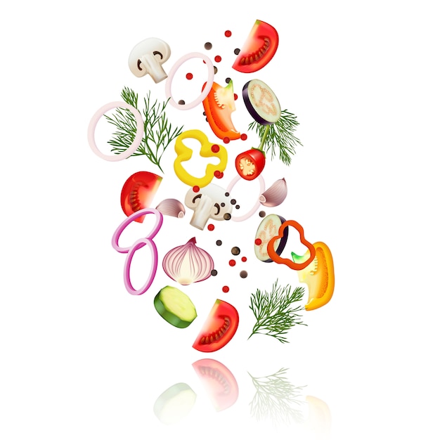 Concept réaliste de légumes en tranches avec illustration vectorielle de tomate poivron et oignon