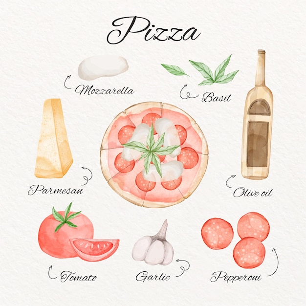 Vecteur gratuit concept de recette de pizza aquarelle
