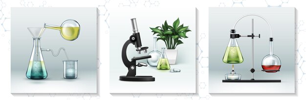 Concept de recherche en laboratoire réaliste avec différents instruments et équipements de laboratoire pour l'illustration des expériences chimiques