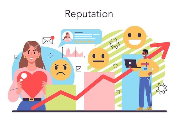 Vecteur gratuit concept de réputation de l'entreprise établir des relations avec les gens et améliorer la fidélité des clients idée de gestion des relations publiques et de la réputation illustration vectorielle plane