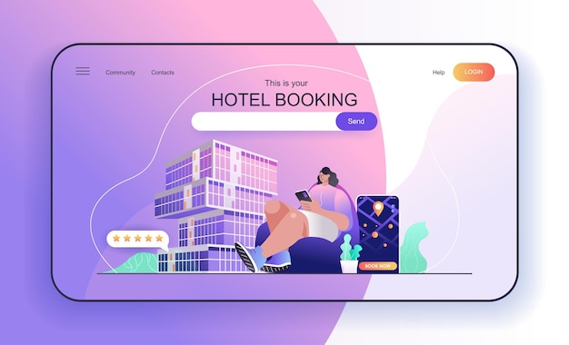 Concept de réservation d'hôtel pour la page de destination, le voyageur réserve une chambre ou un appartement dans une application mobile