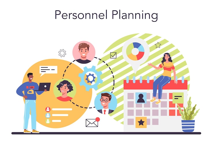 Vecteur gratuit concept de ressources humaines idée de recrutement et de gestion des emplois planification et gestion du personnel occupation du responsable rh illustration vectorielle plane