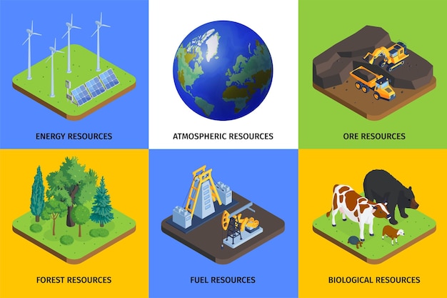 Vecteur gratuit concept de ressources naturelles 6 compositions isométriques de fond coloré sertie d'illustration vectorielle d'énergie verte minerai de pétrole bétail