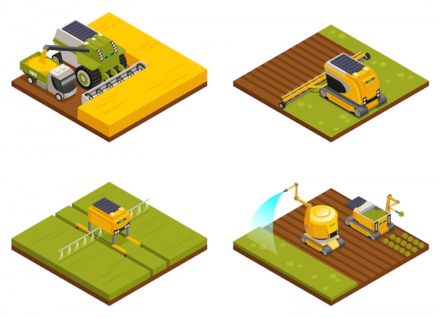 Vecteur gratuit concept de robots agricoles 4 compositions isométriques avec sarclage labour plantation plantation arrosage engrais et machines de récolte
