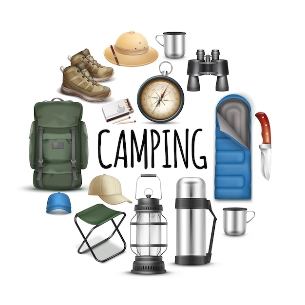 Concept rond de camping réaliste avec casquettes de sac de couchage chapeau panama baskets jumelles couteau boussole tasse sac à dos chaise portable correspond à la lanterne thermos isolé