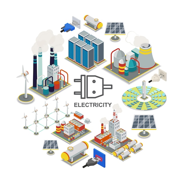 Concept Rond D'énergie Isométrique Avec Combustible Géothermique Et Centrales Nucléaires Prises électriques Prises Moulins à Vent Panneaux Solaires Stockage D'énergie Supports De Gaz Illustration