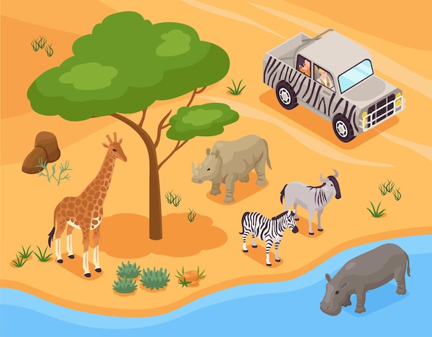 Concept De Safari Photo Isométrique Avec Des Animaux Sauvages Et Des Touristes En Illustration Vectorielle De Véhicule De Voyage