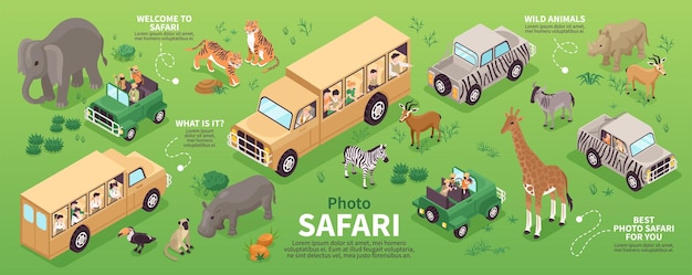 Vecteur gratuit concept de safari photo isométrique avec des personnes voyageant dans l'illustration vectorielle de savane sauvage