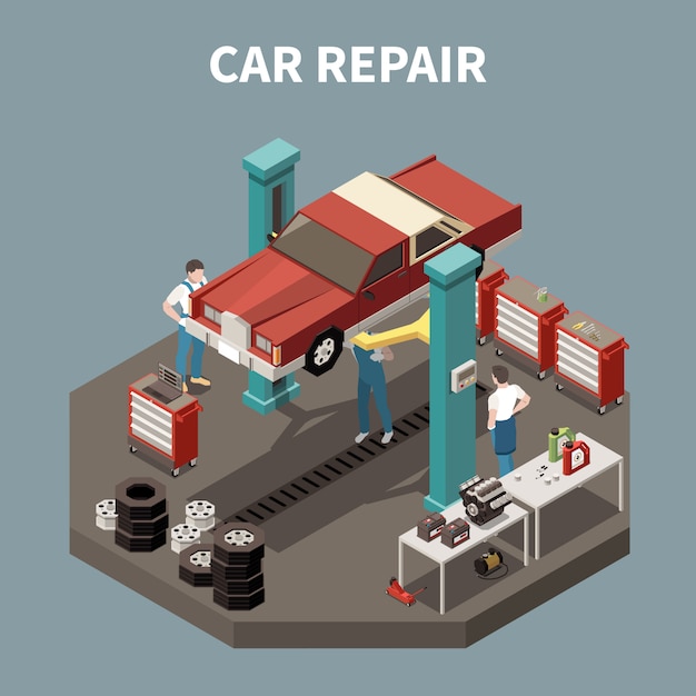 Concept de service de voiture isométrique et isolé avec illustration de l'environnement de travail de description de réparation de voiture