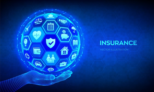 Concept de services d'assurance. Sphère 3D abstraite ou globe avec des icônes à la main.