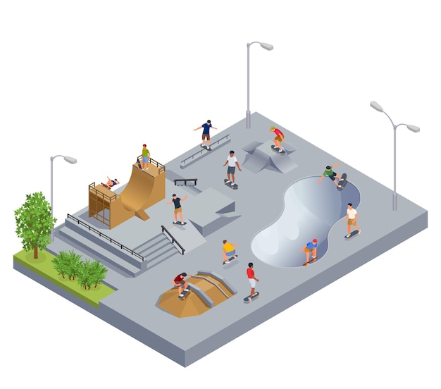 Vecteur gratuit concept de skate park avec symboles d'activité sportive illustration vectorielle isométrique