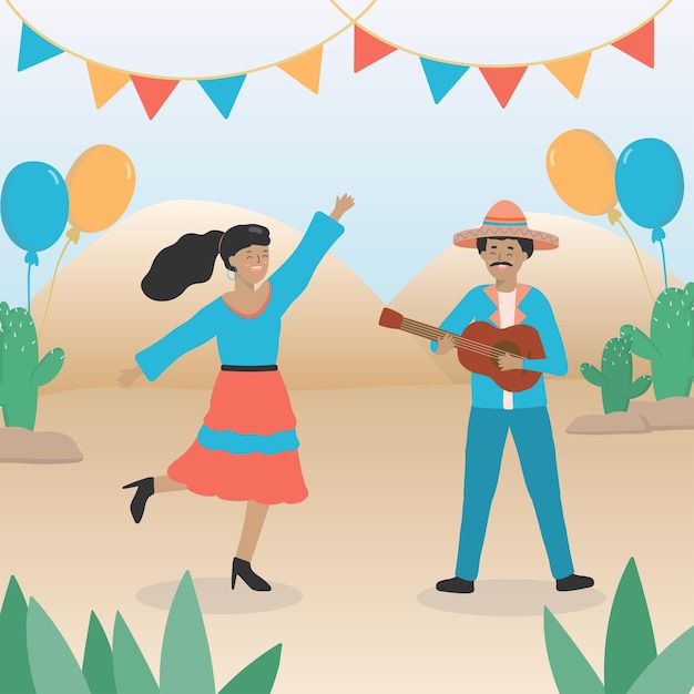 Concept De Soirée à Thème Mexicain. Jeune Homme Mexicain Jouant De La Guitare Une Jeune Femme Vêtue D'un Chemisier Et D'une Jupe Aux Couleurs Vives Danse Au Son De La Musique. L'endroit Est Décoré De Drapeaux Et De Ballons.