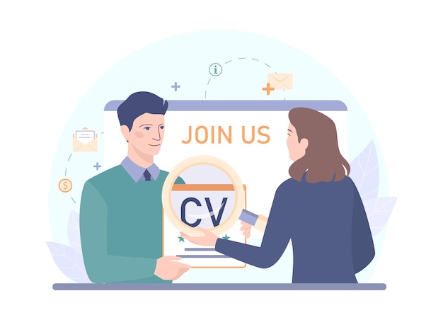 Vecteur gratuit concept de spécialiste des ressources humaines idée de recrutement et de gestion des emplois responsable des ressources humaines interviewant un candidat illustration vectorielle plane