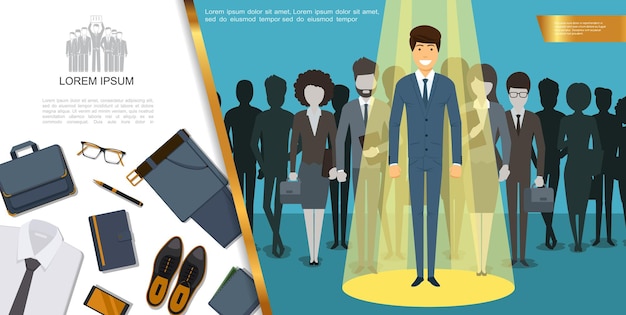 Vecteur gratuit concept de style et accessoires homme d'affaires plat avec les gens d'affaires porte-documents chemise cravate bloc-notes chaussures en cuir portefeuille téléphone lunettes pantalon stylo ceinture
