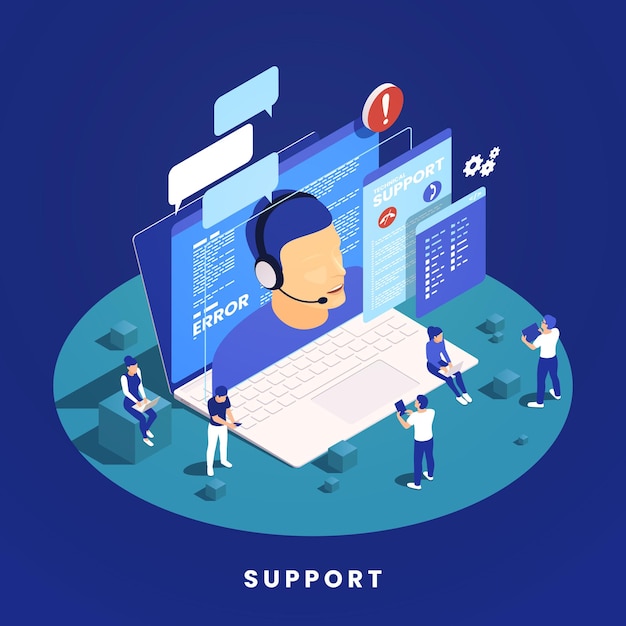 Concept de support technique en ligne isométrique avec opérateur masculin sur l'erreur du système d'écran d'ordinateur portable discutant avec les clients illustration vectorielle 3d