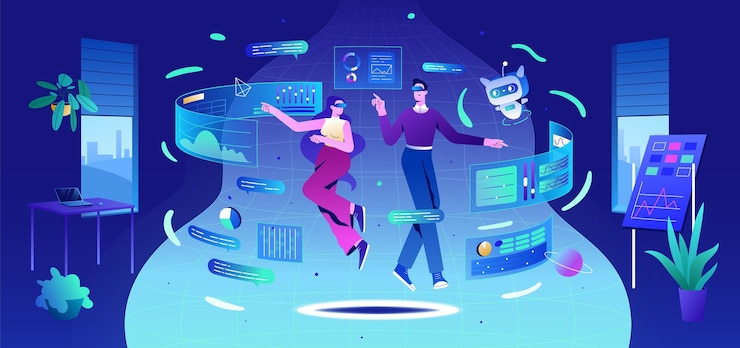 Vecteur gratuit le concept de technologie metaverse, des gens plats avec des lunettes de réalité virtuelle et un robot d'intelligence artificielle au bureau.