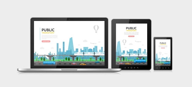 Concept de transport public plat avec des voitures de métro bus piétons avion trafic urbain adaptatif pour les écrans de téléphone tablette ordinateur portable