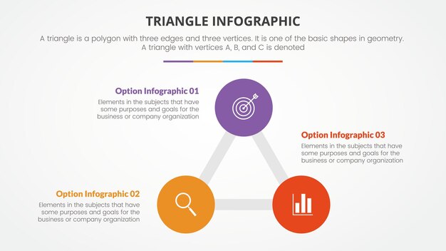 Concept de triangle infographique pour la présentation de diapositives avec une liste de 3 points avec un style plat