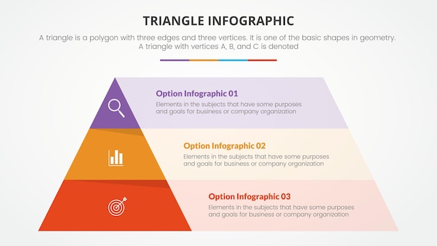 Vecteur gratuit concept de triangle infographique pour la présentation de diapositives avec une liste de 3 points avec un style plat