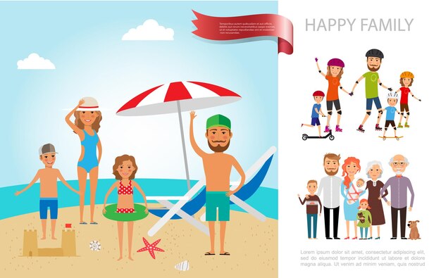 Concept de vacances d'été en famille plat avec mère père fils et fille se reposer à l'illustration de la plage,