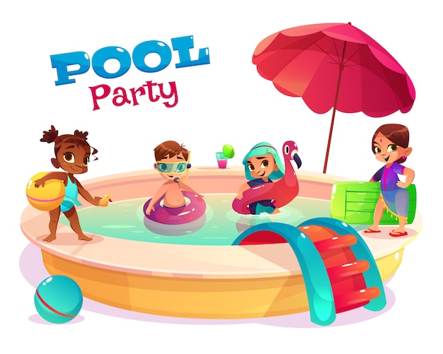 Concept De Vecteur De Dessin Animé Enfants Piscine Parti Avec Multinationale Garçons Et Filles En Maillot De Bain