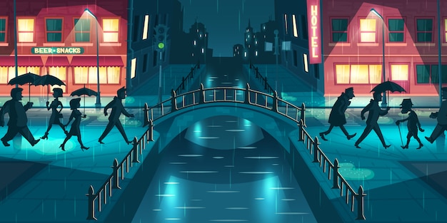 Vecteur gratuit concept de vecteur de dessin animé météo automne humide, bâclée. personnes sous des parapluies marchant sur la rue de la ville, pont traversant éclairé avec des lampadaires et des panneaux de signalisation à illustration de la soirée pluvieuse