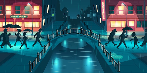 Concept de vecteur de dessin animé météo automne humide, bâclée. Personnes sous des parapluies marchant sur la rue de la ville, pont traversant éclairé avec des lampadaires et des panneaux de signalisation à illustration de la soirée pluvieuse