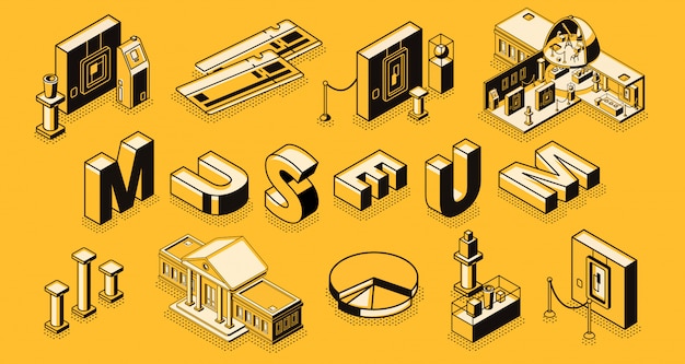 Concept de vecteur isométrique musée ou galerie d&#39;art avec bâtiment en coupe transversale musée