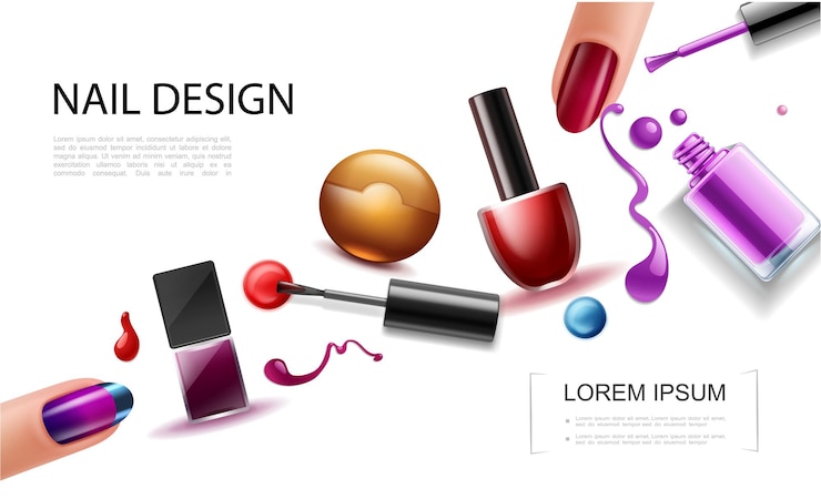 Vecteur gratuit concept de vernis à ongles réaliste avec des bouteilles colorées éclaboussures de laque gouttes éclaboussures et doigts féminins avec une belle manucure
