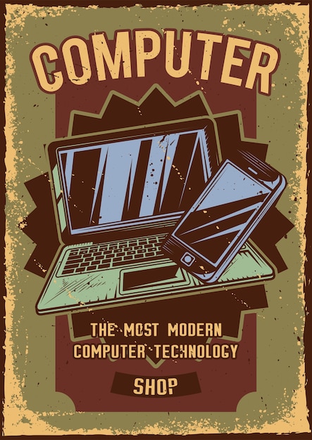 Vecteur gratuit conception d'affiche avec illustration d'un ordinateur avec un téléphone portable