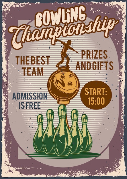 Vecteur gratuit conception d'affiche avec illustration de la publicité du concours de bowling