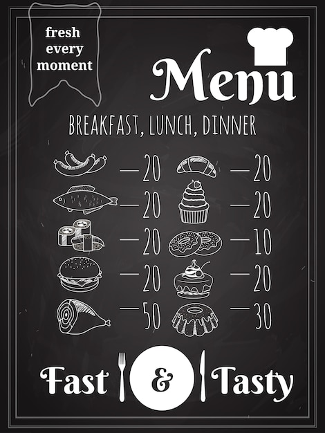 Vecteur gratuit conception d'affiche de menu de nourriture pour le déjeuner ou le dîner écrit sur un tableau