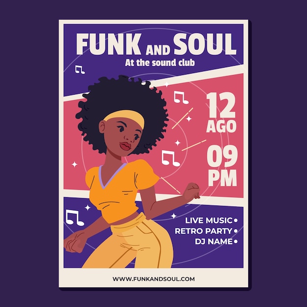 Vecteur gratuit conception d'affiche de musique funk et soul dessinée à la main