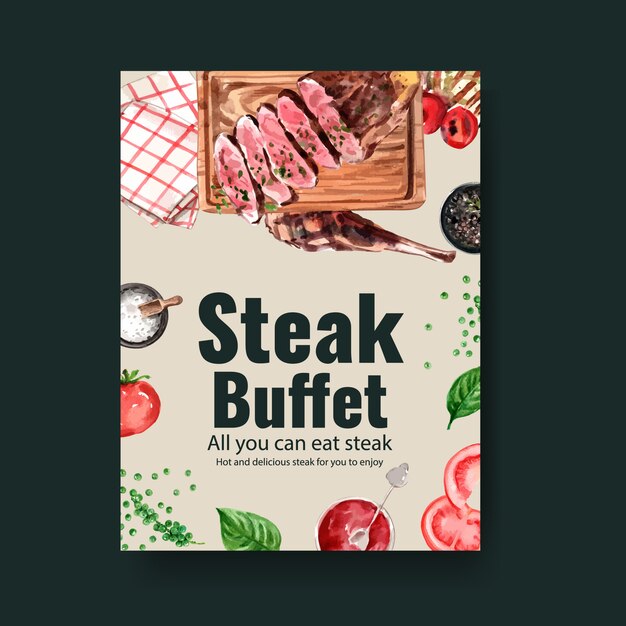 Conception D'affiche De Steak Avec Des Serviettes, Illustration Aquarelle De Steak De Boeuf.