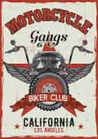 Vecteur gratuit conception d'affiche vintage thème moto avec illustration du casque, des lunettes, de la roue et des ailes