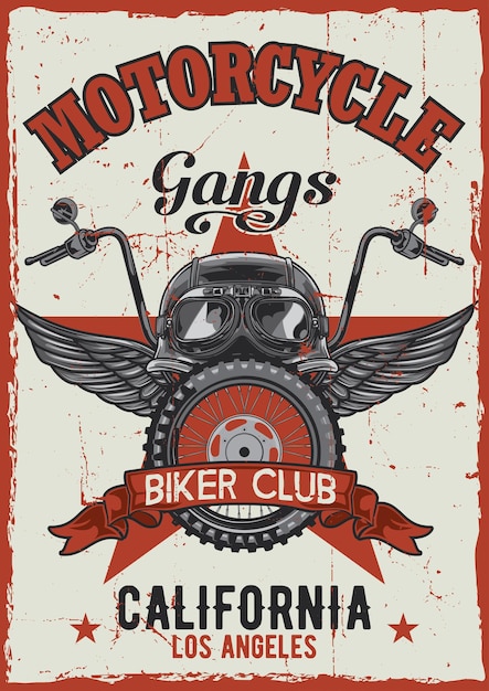 Conception d'affiche vintage thème moto avec illustration du casque, des lunettes, de la roue et des ailes