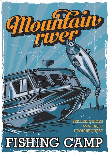 Vecteur gratuit conception d'affiche vintage thème nautique avec illustration du bateau de pêche