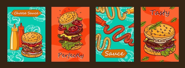 Conception D'affiches Colorées Avec Hamburger Et Sauce.