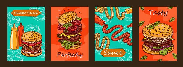 Conception d'affiches colorées avec hamburger et sauce.