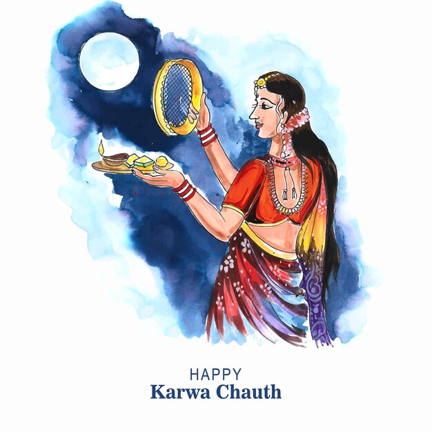 Conception d'aquarelle de carte de célébration de karwa chauth heureux