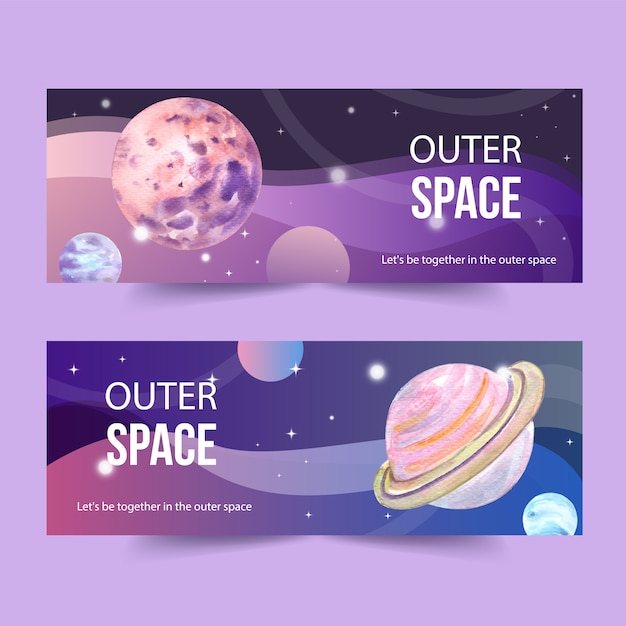 Vecteur gratuit conception de bannière de galaxie avec illustration aquarelle de planètes.