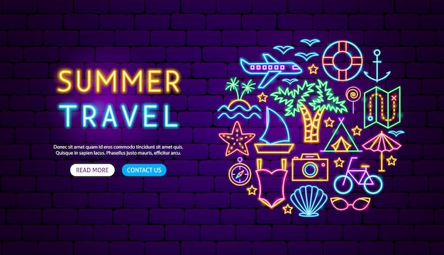 Conception de bannière de néon de voyage d'été. illustration vectorielle de la promotion des vacances.