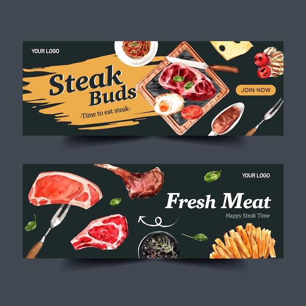 Vecteur gratuit conception de bannière de steak avec des frites, illustration aquarelle de viande grillée.