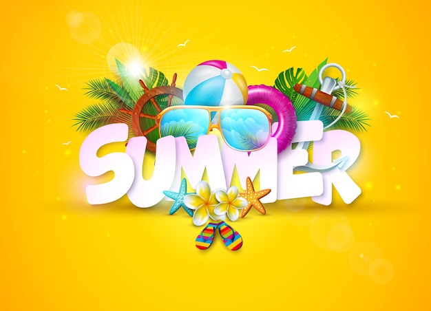 Conception de bannière de vacances d'été avec lettrage 3d et éléments de plage colorés sur fond jaune soleil